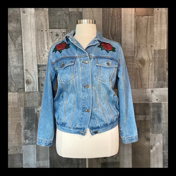 Forever 21 Sadie and Sage jean jacket medium denim floral sequins girlhoodcore - Picture 1 of 11